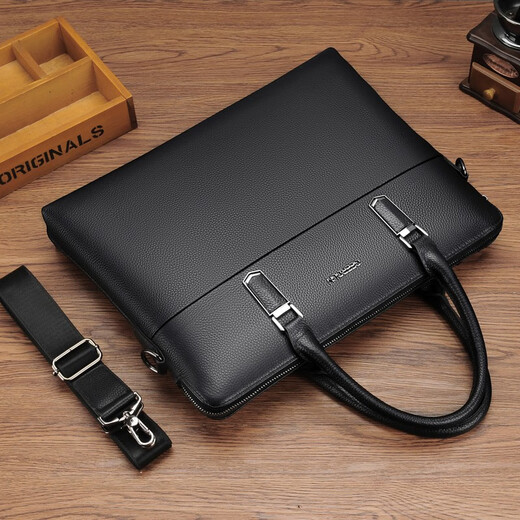 Gerbison business briefcase, men's genuine leather shoulder crossbody bag, first-layer cowhide, 14-inch notebook, large-capacity computer bag, commuter cross-section portable soft leather bag that can hold A4 files, black (first-layer cowhide)