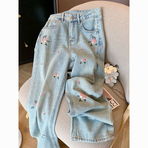 Mu Youyu's new Chinese style Chinese style flower embroidered straight jeans for women 2024 spring design high waist slimming wide-leg pants 6623 blue - summer thin jeans S-summer thin jeans