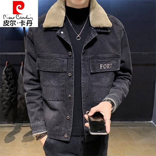 Pierre Cardin denim jacket men's winter velvet thickened Korean version trendy all-match work jacket men's clothing 8136 black XL