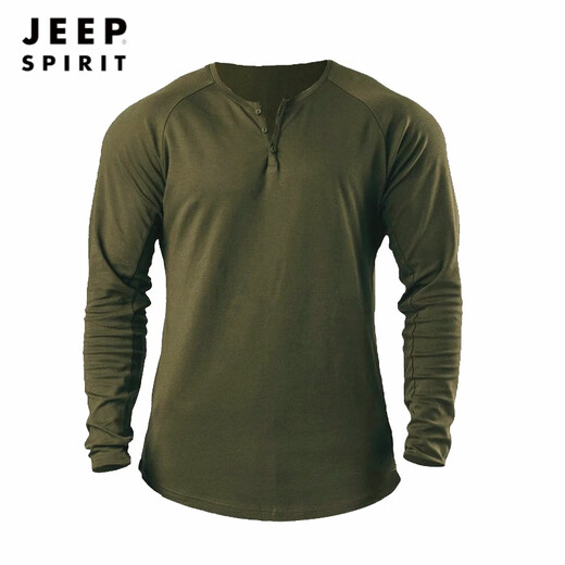 JEEP SPIRIT Retro Heavy Henley Long Sleeve T-Shirt Solid Color Sports Fitness Bottoming Shirt Men's Pure Cotton Stretch Thin V-Neck Cardigan Black XL