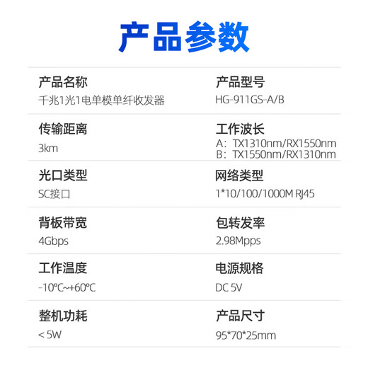 Huigu Gigabit fiber optic transceiver single-mode single-fiber photoelectric converter SC interface 3km commercial grade 1 price HG-911GS-A/B Huigu Gigabit fiber optic transceiver single-mode single-fiber photoelectric converter SC interface 3km commercial grade 1 price HG-911GS-A/B