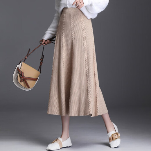 Ou Si Mai skirt women's mid-length pleated knitted casual spring skirt high waist drape large hem wool skirt WWZ58010 one size fits all