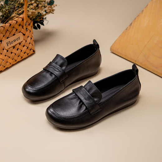 Kanglibi echtes Leder mit weicher alleinerer Mutterschuhe einzelner Schuhe mittleren und alten bequemen und nicht müden Lederschuhe mittleren und alten jungen und rutschfesten Frauenschuhe Frühlings- und Herbststil 671 Single-Schuhe Schwarz Weichgesicht echtes Kuhwahnsinn 39