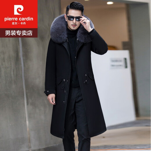 Pierre Cardin Winter Parka Men's Rex Rabbit Fur Liner 2025 New Haining Long Fur Coat Detachable Fox Fur Collar Over the Knee + Black Men's 3XL Fur Sleeves
