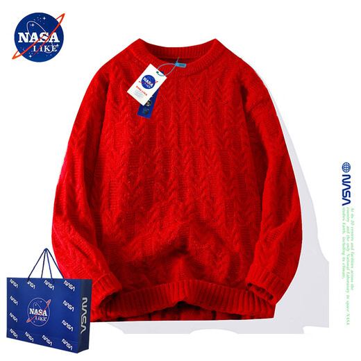 NASALIKE潮牌联名毛衣男秋冬季圆领套头打底衫纯色时尚百搭情侣款针织衫 红色 M（建议90-120斤）