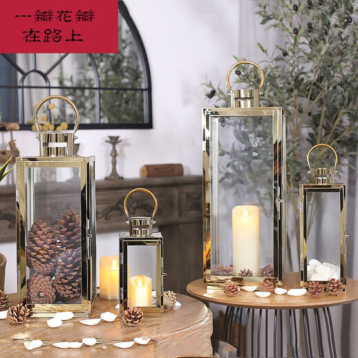 烛台烛光晚餐欧式简约不锈钢轻奢烛台摆件金色银色防风风灯浪漫 6629L香槟金加电子蜡烛7.5*20CM