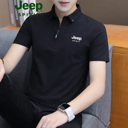 JEEP Jeep short-sleeved T-shirt men's polo shirt new men's summer men's business casual lapel half-sleeved bottoming shirt collared T-shirt solid color work clothes custom black TT118XL (130-145Jin [Jin equals 0.5 kg])