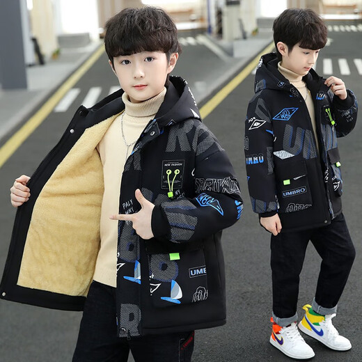 Cool Meng Chenchen Boys' Jackets Autumn and Winter New Fashion Boys' Jackets Mid-Length Korean Version Middle and Large Boys Boys Spring Autumn Winter Children's Velvet Windbreaker Boys Thickened Jacket Blue Velvet 150