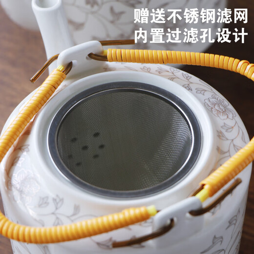 Ancient Shengji large household ceramic cold kettle set Jingdezhen tea set complete set of handle kettle cold kettle water set single layer cup. Platinum Orchid Vine 3L (one pot + six cups) 7 pieces