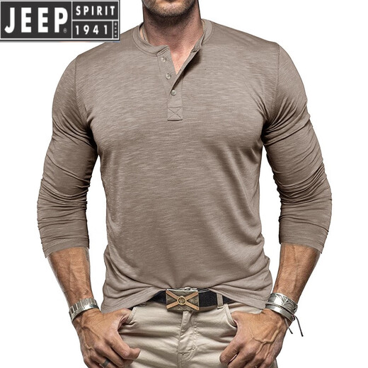 JEEP SPIRIT European and American tough guy Ami khaki American retro loose T-shirt cotton Henry collar long-sleeved inner layered shirt trendy men's military green XL
