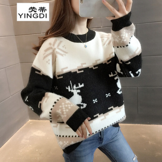 Yingdi Christmas Fawn Sweater Women's 2020 Autumn and Winter New Thick Round Neck Loose Lazy Style Knitted Sweater Women's Outerwear Trendy Red One Size