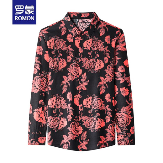 
ROMON brand floral shirt men autumn long sleeve trendy handsome men's floral shirt slim middle-aged spring and autumn thin men's cotton 9904 red XXL