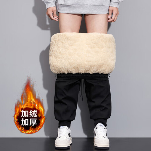 RFKU thickened velvet pants men's winter loose legged pants straight casual pants men's trendy sports warm cotton pants black - drawstring 2XL (140-160Jin Jin equals 0.5kg)