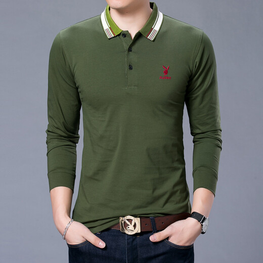Playboy (PLAYBOY) POLO shirt men's spring solid color slim long-sleeved T-shirt youth business casual men's military green L
