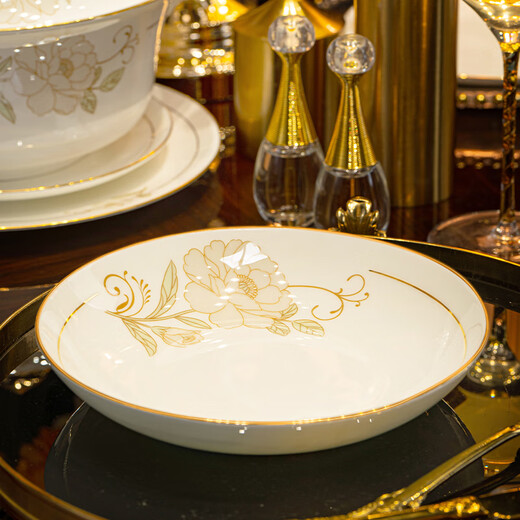 Han Ming Chinese Scenery Dezhen bone china bowls, plates and tableware complete set of household high-end ceramic dishes and chopsticks set housewarming gift upgraded 60-piece set丨with high-end brocade box