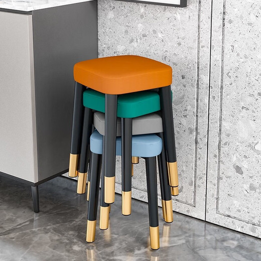 Fico Stool Home Chair Thickened Stackable Dining Chair Square Stool Modern Simple Bedroom Dressing Table Cosmetic Stool Living Room Orange Oil Wax Leather Upgraded Thickening 45cm High