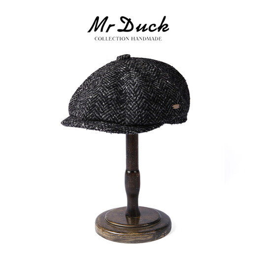Mr DUCK high-end wool herringbone pattern newsboy hat winter men's old money style octagonal painter hat retro fashion hat lava charcoal gray (newsboy hat)-MW461175 M (55-57cm)