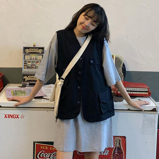ins retro workwear vest jacket female students Korean version loose slim summer Harajuku sleeveless vest trendy black one size
