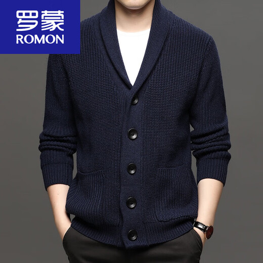 ROMON Spring and Autumn Green Fruit Collar Sweater Men's Loose Wool Knitted Cardigan Thick Line Thickened Lazy Jacket Trendy Dark Gray 165/M