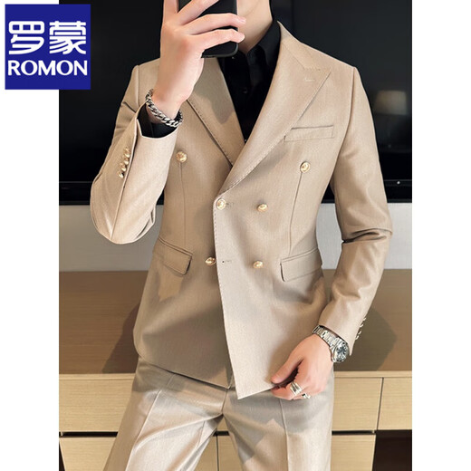 ROMON suit men's double-breasted host dress lapel collar business casual suit three-piece wedding dress X890 white single-piece suit XL