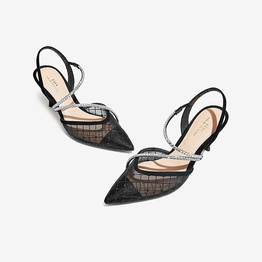 他她2023夏时尚尖头细高跟时装凉鞋女7DDJ9BH3 黑色 35