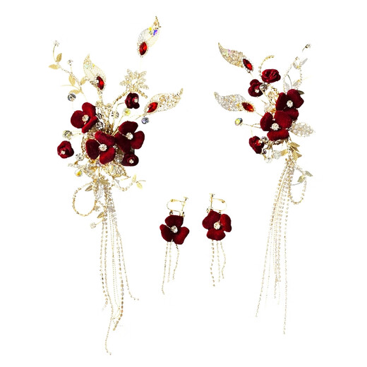 Shengli New New Chinese Style Red Velvet Flower Tassel Headdress Bride Xiuhe Clothing Ancient Style Walking Toast Clothing Hair Accessories Ancient Style Hanfu Headdress Set Ear Hook Style