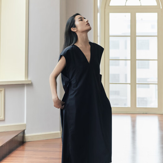 LESS Spring French Dress Feminine V-neck Back Bow Waist Sleeveless Skirt 2N3G12250 409/Black Navy M