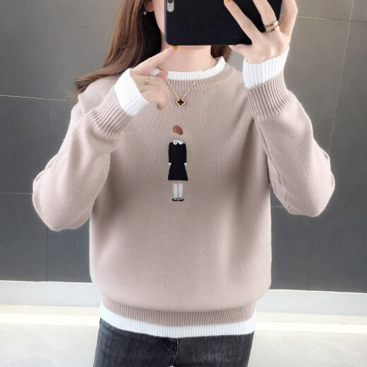 Red Dragonfly Knitted Sweater Women's Korean Style Pullover Long Sleeve T-Shirt Sweater Women's Loose Lazy Style Autumn and Winter New Fashion Versatile Women's Clothing Threads Women's Trendy Jackets Light Brown One Size