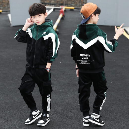 Arnita children's clothing boys' suit autumn and winter 2020 new children's gold velvet two-piece set plus velvet thickened coat pants for boys, autumn and winter models for older children 3-12 years old trendy green [plus velvet and thickened] 140 yards [recommended height is about 1.3 meters]