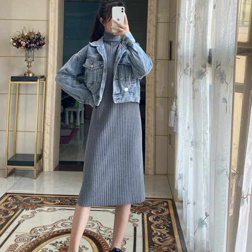 sustory Women's Clothing 2020 Autumn and Winter Korean Style Sweater Dress Women's Long Sweater Women's Pullover Knitted Dress SUDM088-1 Gray Splicing One Size