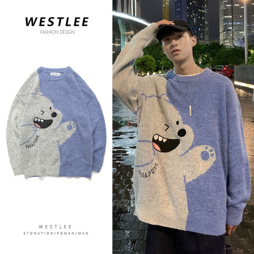 Fanbini sweater men's autumn and winter new cartoon pullover round neck Hong Kong style loose versatile sweater top couple trend Korean style jacket blue 13910S