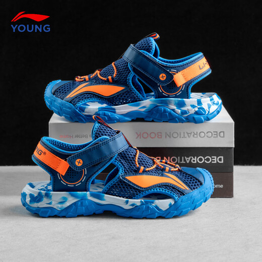 Li Ning children's sandals for boys, girls, middle and large children, summer style, breathable toe-toe, soft-soled casual shoes, river-trapping shoes, beach shoes, navy blue 032 40, inner length about 26.2cm, suitable for feet 25.2cm long