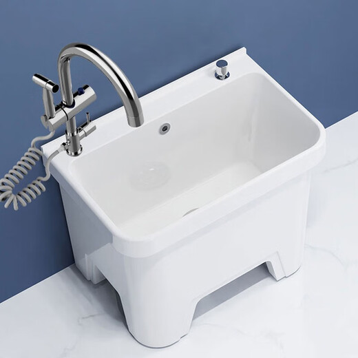 Darv Mop Pool Home Balcony Ceramic Washing Large Outdoor All-in-One Mop Pool High Legs with Holes Sitting Faucet Floor Basin J-T4 Desktop Controlled Water + Universal Faucet - 2 models in the picture