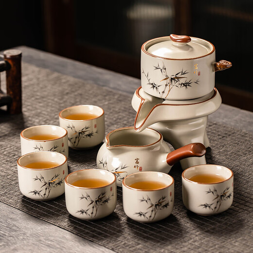 Porcelain brand tea set (cipaiming teaset) Ru Kiln Kung Fu tea set household ceramic teapot teacup lazy graphite high-end automatic tea set complete set Ru Kiln rich bamboo automatic tea set six cups