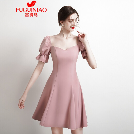 FUGUNIAO's new banquet petite evening dress for women, pink bridesmaid dress, short engagement toast birthday dress, can be worn at ordinary times YM-103 bean paste powder S