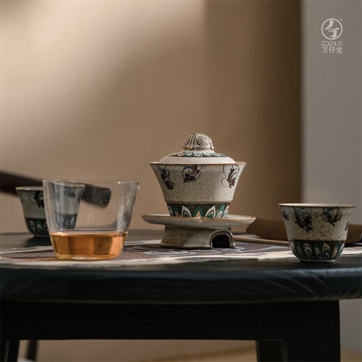 Wanqiantang (Edenus) high-end tea set complete set Dunhuang co-branded series covered bowl ceramic set opening gift box Feitian Mingxiang B gray and white glaze