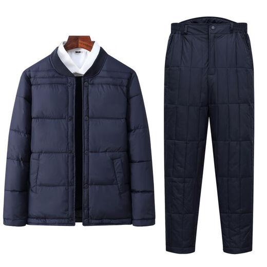 Warm winter duck duck middle-aged and elderly down jacket liner set stand collar winter cold protection thickened thermal underwear large size elderly two-piece set navy blue 3XL recommended 140-155Jin Jin equals 0.5 kg