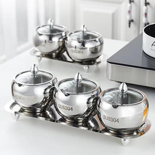 Xuanyan 304 stainless steel seasoning jar set seasoning storage jar seasoning jar salt jar dustproof seasoning box with base spoon tray with lid 304 seasoning jar four flavors