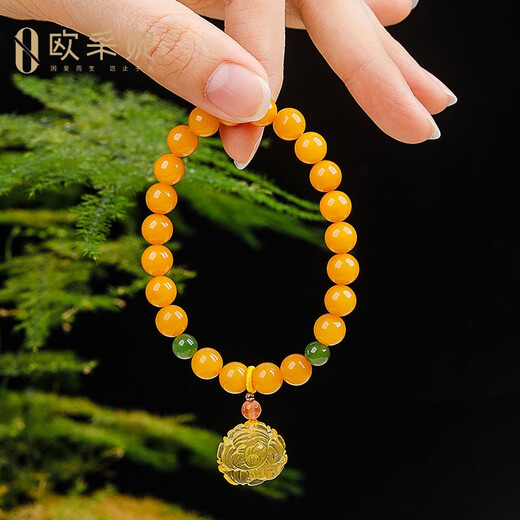 Ouchini beeswax bracelet, natural amber chicken fat, yellow old beeswax, gold amber rose pendant, jasper round bead multi-treasure bracelet, ladies gift, comes with national inspection certificate, one thing, one certificate, supports re-inspection
