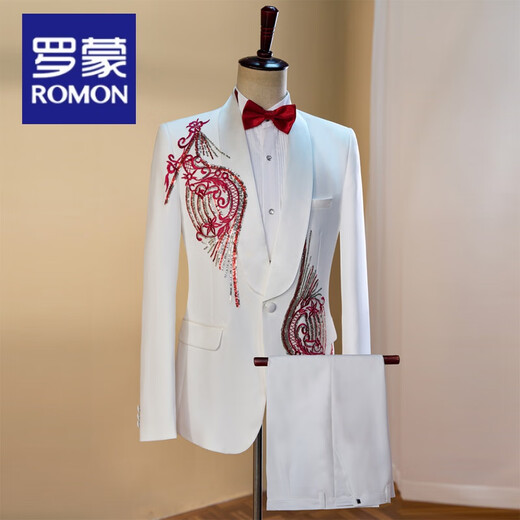 Luo Meng white embroidered suit singer performance suit male emcee host men's chorus dress men's suit suit green fruit collar suit jacket + pants + girdle + bow tie 2XL height 185 weight 175Jin Jin is equal to about 0.5 kg