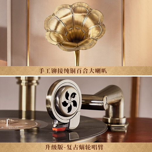 SHENGLINA American gramophone retro vinyl record player European-style living room solid wood antique light luxury record player old-fashioned home speaker all-in-one machine upgraded cherry color + karaoke function