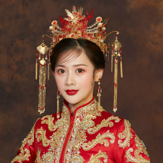 Jingying Xiuhe clothing headdress bride Chinese style ancient costume wedding suit luxurious and atmospheric phoenix crown 2024 Xiuhe hair accessories phoenix crown + ear hooks (gift box)