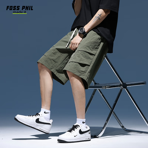 Foss Phil Shorts Herren Sommer Arbeitskleidung Trendy Brand Casual Ice Seide mittelpants losen Sportfünf-Punkte-Hosen 9906 Militärgrün M.