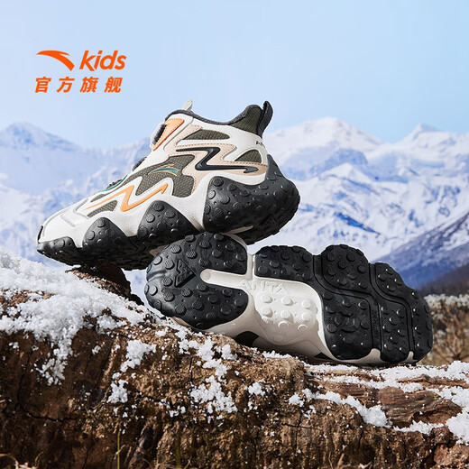 ANTA Children's Cotton Shoes Men's Big Children's Shoes 2024 Winter Plush Warm Knob Buckle Snow Non-Slip Rock High Top Cotton Boots Jet Green/Ivory White/Oatmeal Gray-2 34