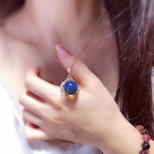 Dominican blue amber pendant, pure water-free blue amber necklace ring, amber beeswax set, 925 silver plated 18K female (pendant + ring) set