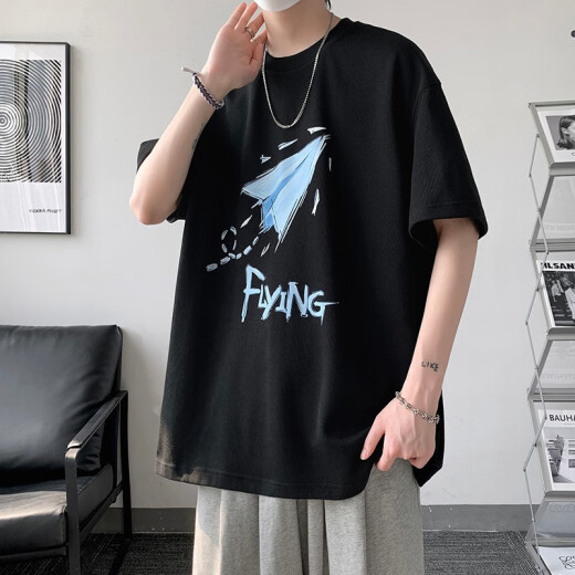 FANHA short-sleeved T-shirt men's spring and summer new men's loose trendy brand bottoming shirt student T-shirt round neck half-sleeved clothes black XL