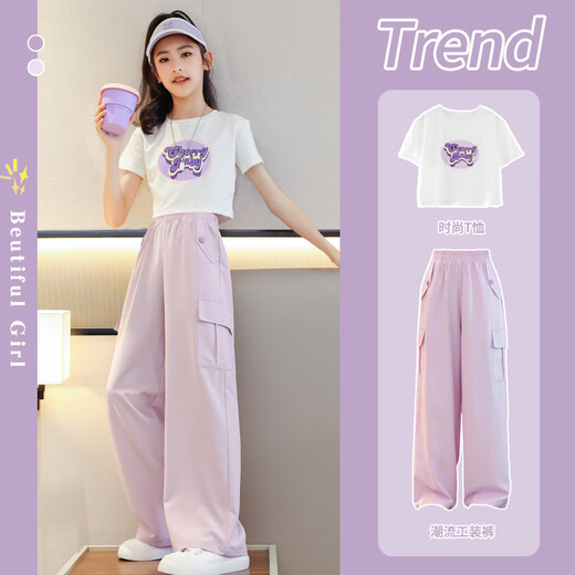 Yoyo one (Yoyo one) girls summer suit new children's short-sleeved wide-leg pants internet celebrity fashionable summer girls casual children's clothing 9889 white + 15029 pink 170