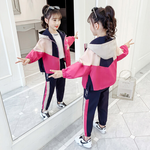 Children's clothing, girls' suits, autumn clothing, Internet celebrity jackets, 2021 new spring and autumn, middle-aged, western-style, little girls, casual sports pants, fashionable and trendy children's two-piece set, dazzling rose pink, size 150 (recommended height 140cm)