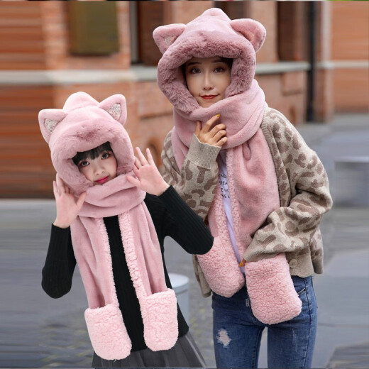 Blue Beanie children's hat, scarf and gloves all in one winter thickening autumn and winter warm ear protection neck scarf little girl girl scarf leather red children's model (suitable for 90-135cm)