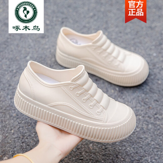 啄木鸟春秋女士短筒雨水靴低帮内增高雨鞋女工作浅口防水鞋防滑洗车胶鞋 白色【不加棉】 标准码 36 脚瘦拍小1码